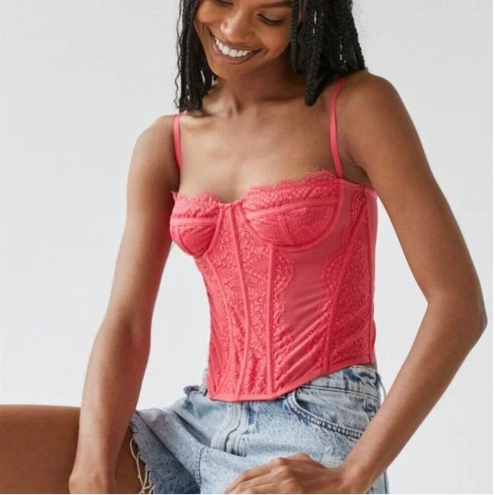 Urban Outfitters Out From Under Modern Love Pink Mesh Lace Corset Top
